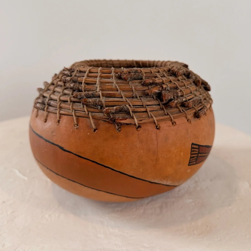 VINTAGE 1988‎ HAND-DECORATED SOUTHWESTERN GOURD BASKET WOVEN RIM ANAMORPHIC BIRD